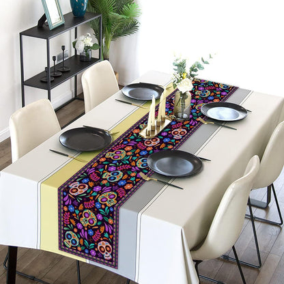 Day Of The Dead Flowers Table Runner In Polyester, Perfect For Festive Decoration