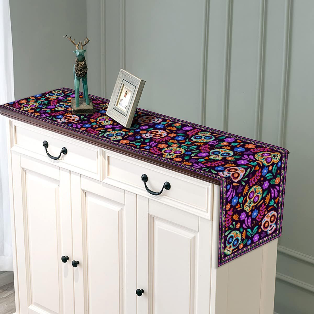 Day Of The Dead Flowers Table Runner In Polyester, Perfect For Festive Decoration