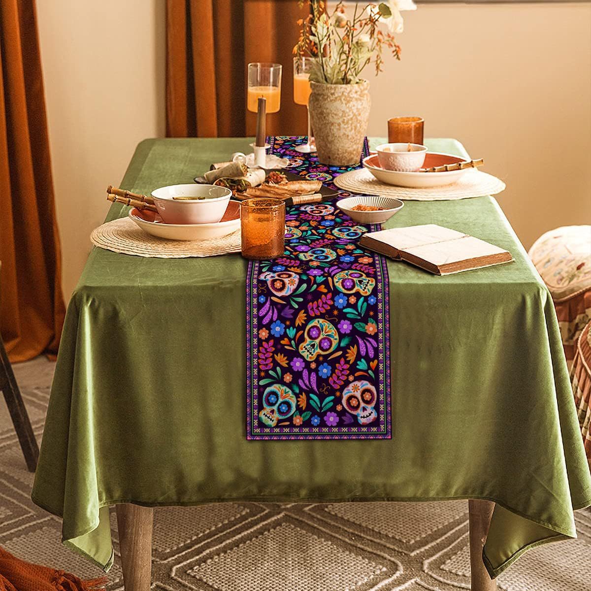 Day Of The Dead Flowers Table Runner In Polyester, Perfect For Festive Decoration