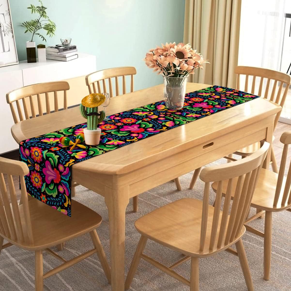 Day Of The Dead Flowers Table Runner In Polyester, Perfect For Festive Decoration