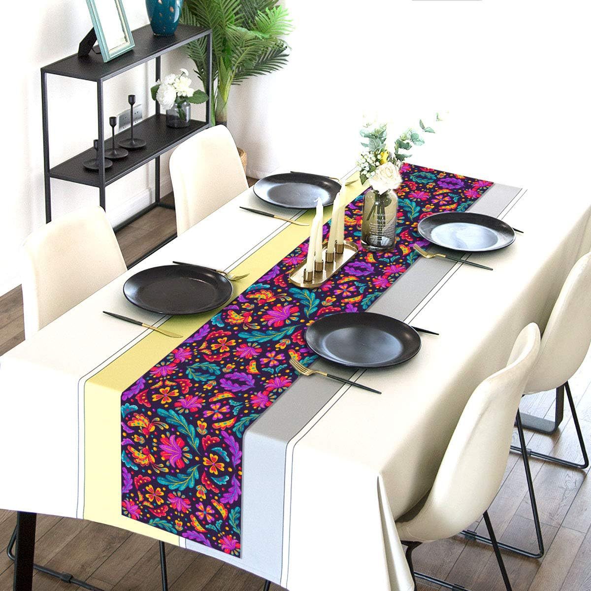 Day Of The Dead Flowers Table Runner In Polyester, Perfect For Festive Decoration