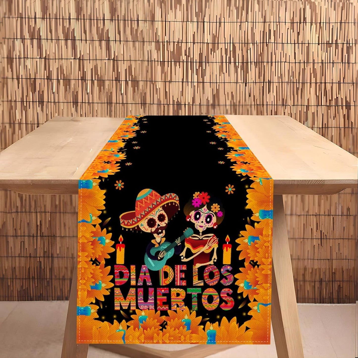 Day Of The Dead Flowers Table Runner In Polyester, Perfect For Festive Decoration