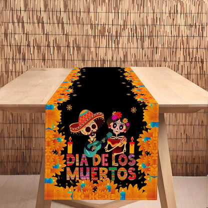 Day Of The Dead Flowers Table Runner In Polyester, Perfect For Festive Decoration