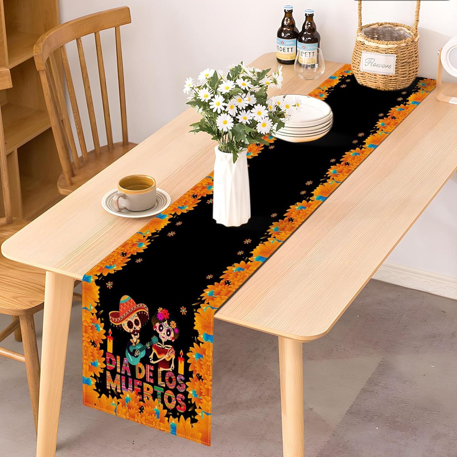 Day Of The Dead Flowers Table Runner In Polyester, Perfect For Festive Decoration