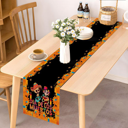 Day Of The Dead Flowers Table Runner In Polyester, Perfect For Festive Decoration