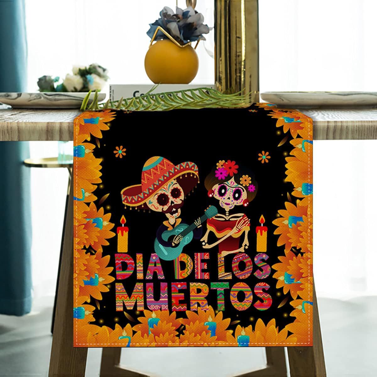 Day Of The Dead Flowers Table Runner In Polyester, Perfect For Festive Decoration