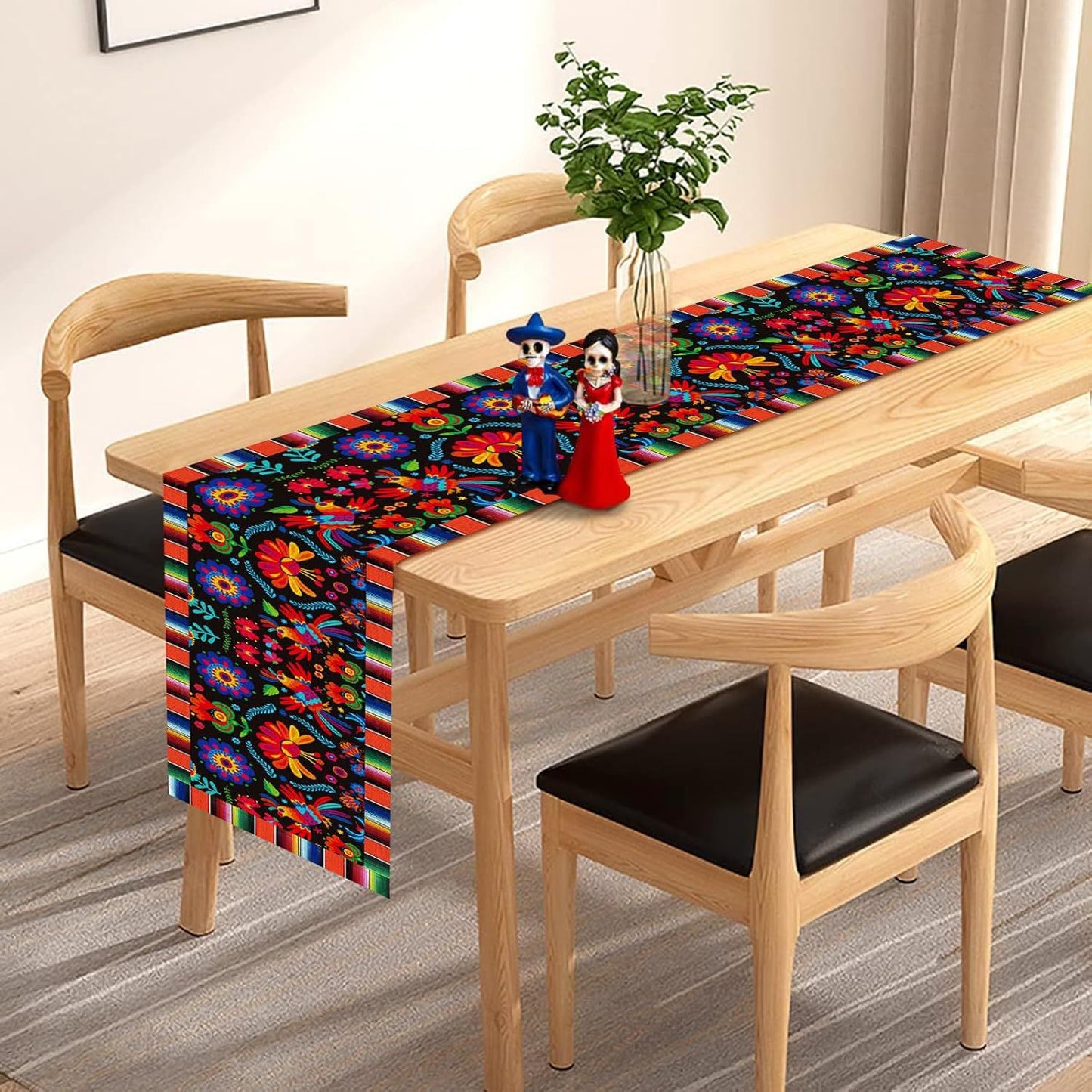 Day Of The Dead Flowers Table Runner In Polyester, Perfect For Festive Decoration