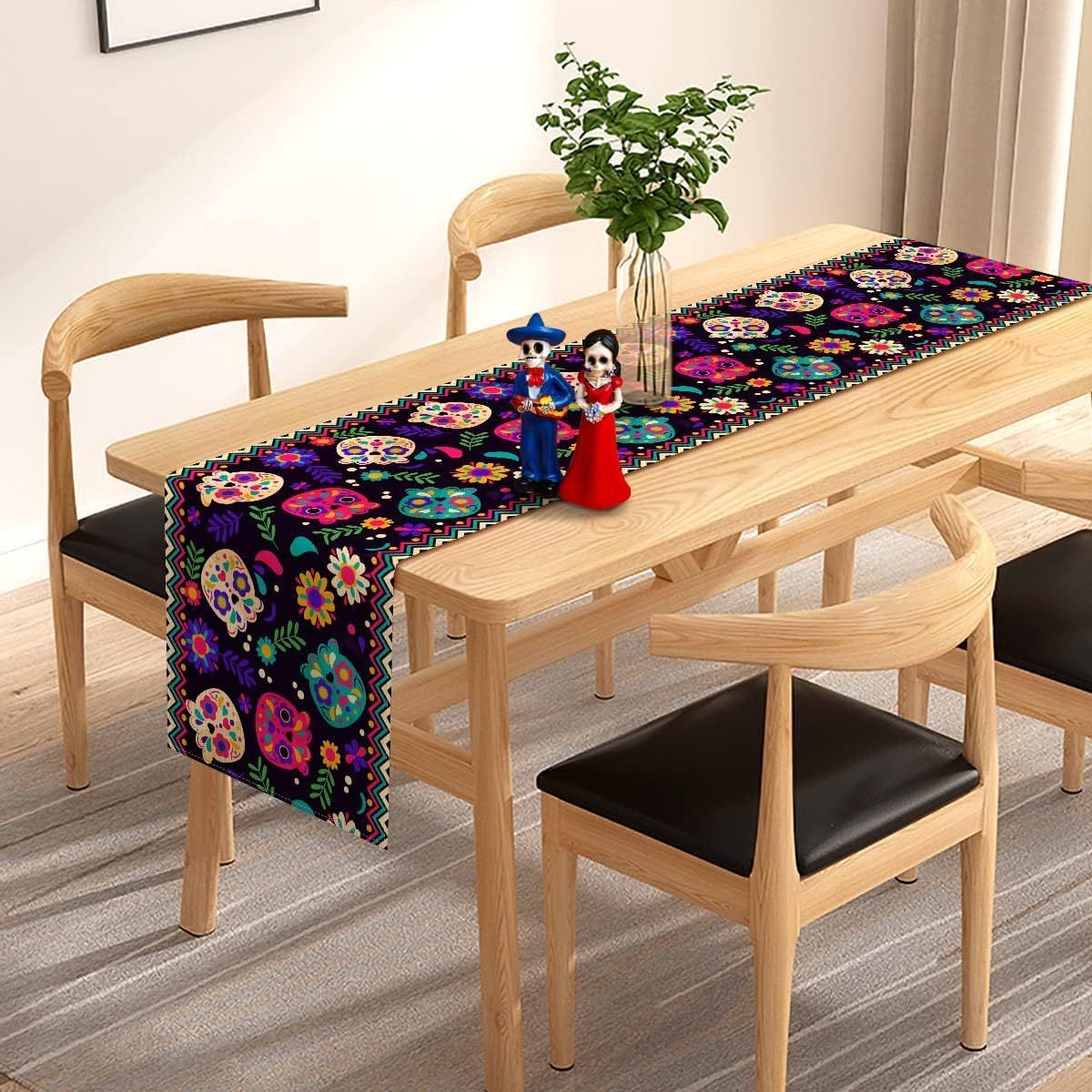 Day Of The Dead Flowers Table Runner In Polyester, Perfect For Festive Decoration