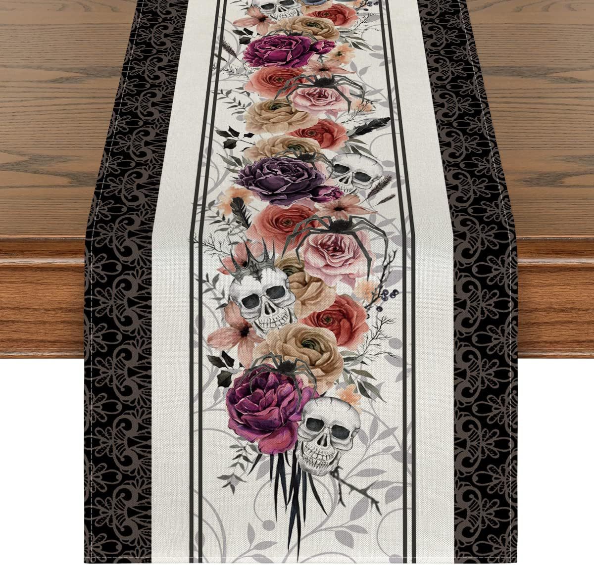 Day Of The Dead Flowers Table Runner In Polyester, Perfect For Festive Decoration