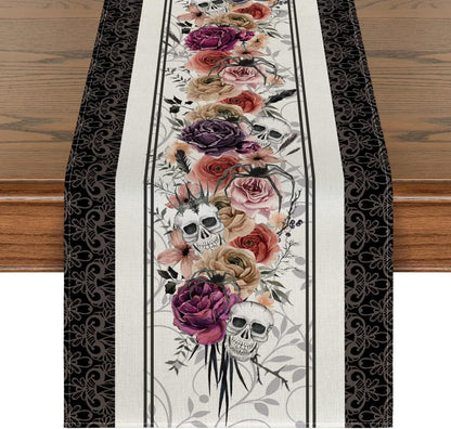 Day Of The Dead Flowers Table Runner In Polyester, Perfect For Festive Decoration