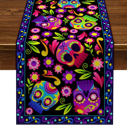 Day Of The Dead Flowers Table Runner In Polyester, Perfect For Festive Decoration