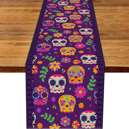 Day Of The Dead Flowers Table Runner In Polyester, Perfect For Festive Decoration