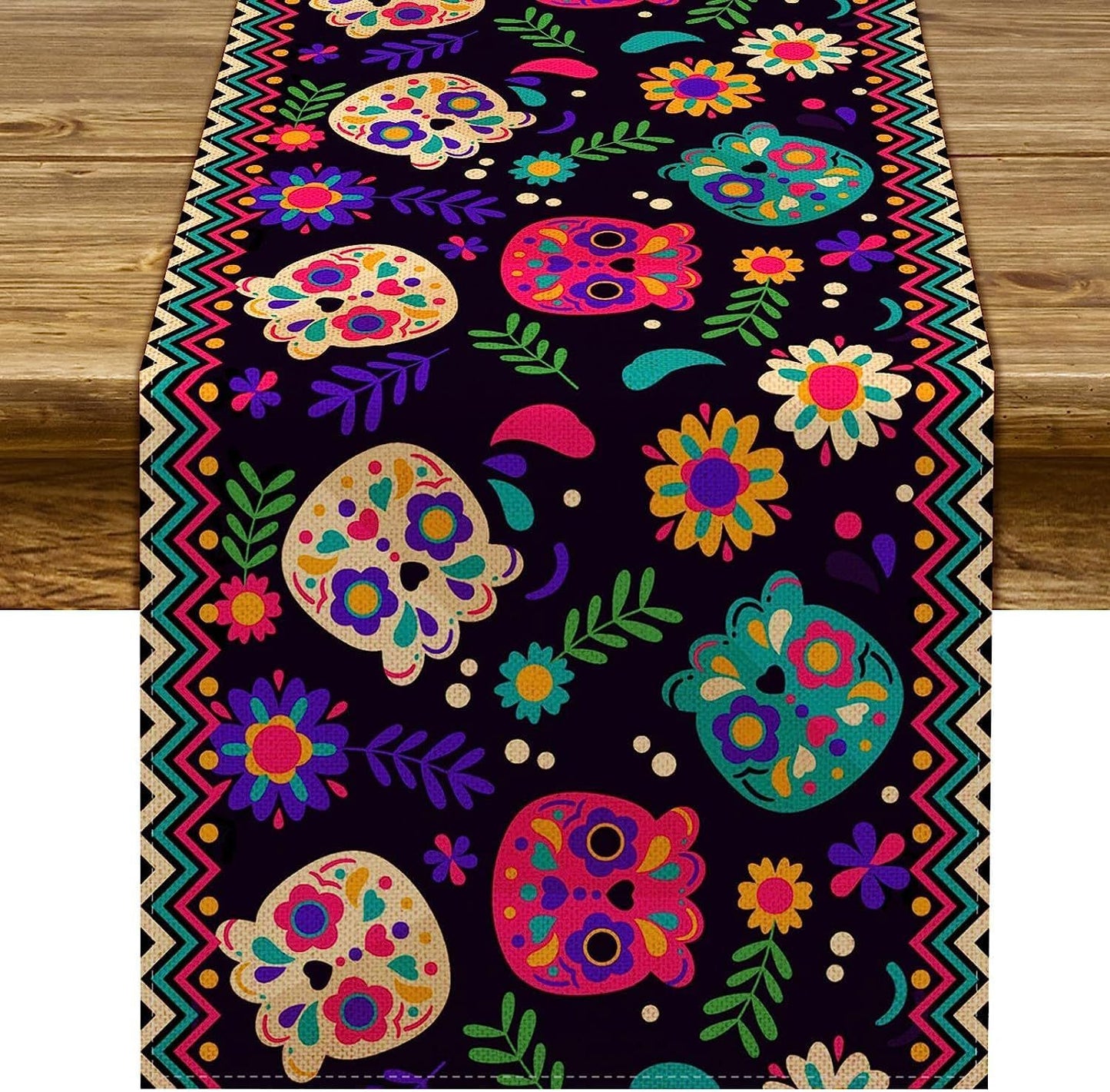 Day Of The Dead Flowers Table Runner In Polyester, Perfect For Festive Decoration