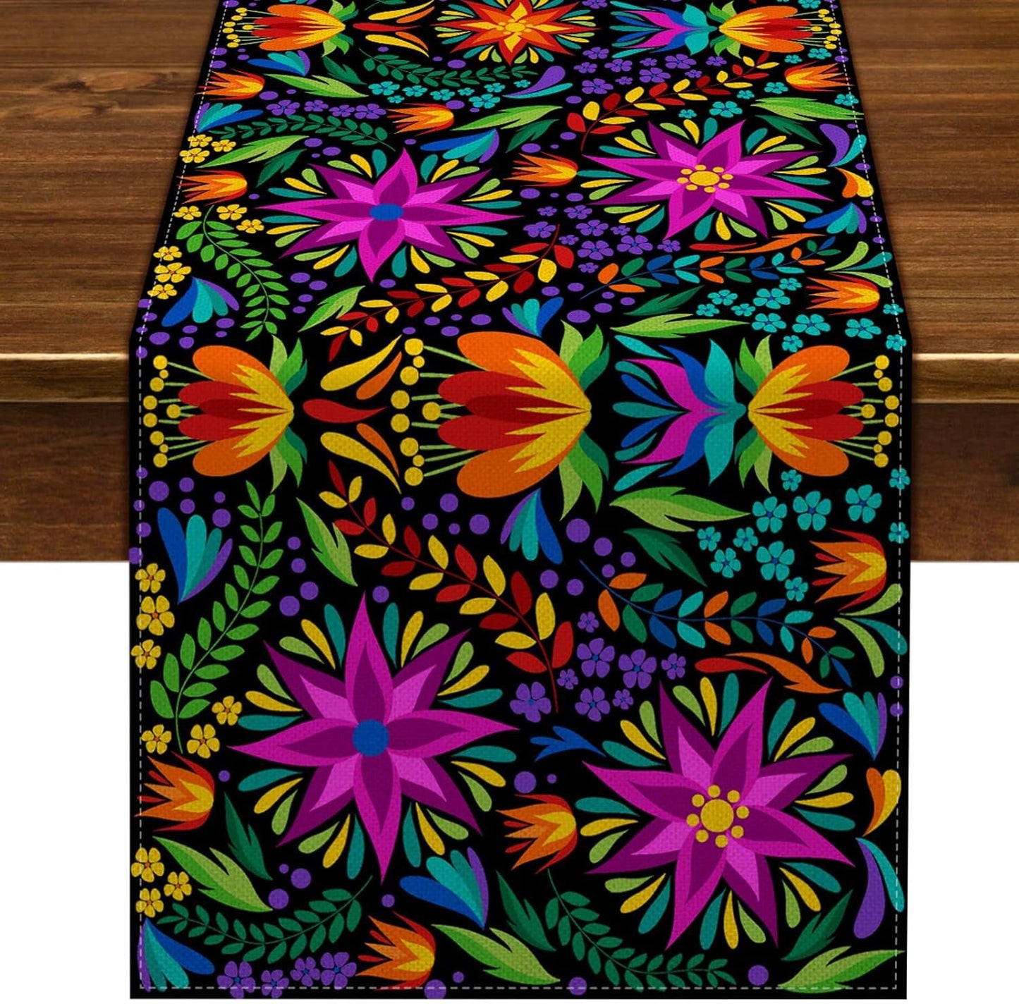Day Of The Dead Flowers Table Runner In Polyester, Perfect For Festive Decoration
