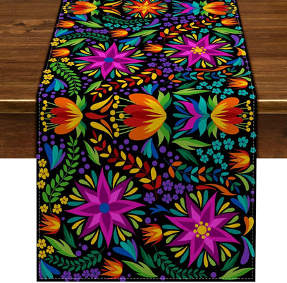 Day Of The Dead Flowers Table Runner In Polyester, Perfect For Festive Decoration