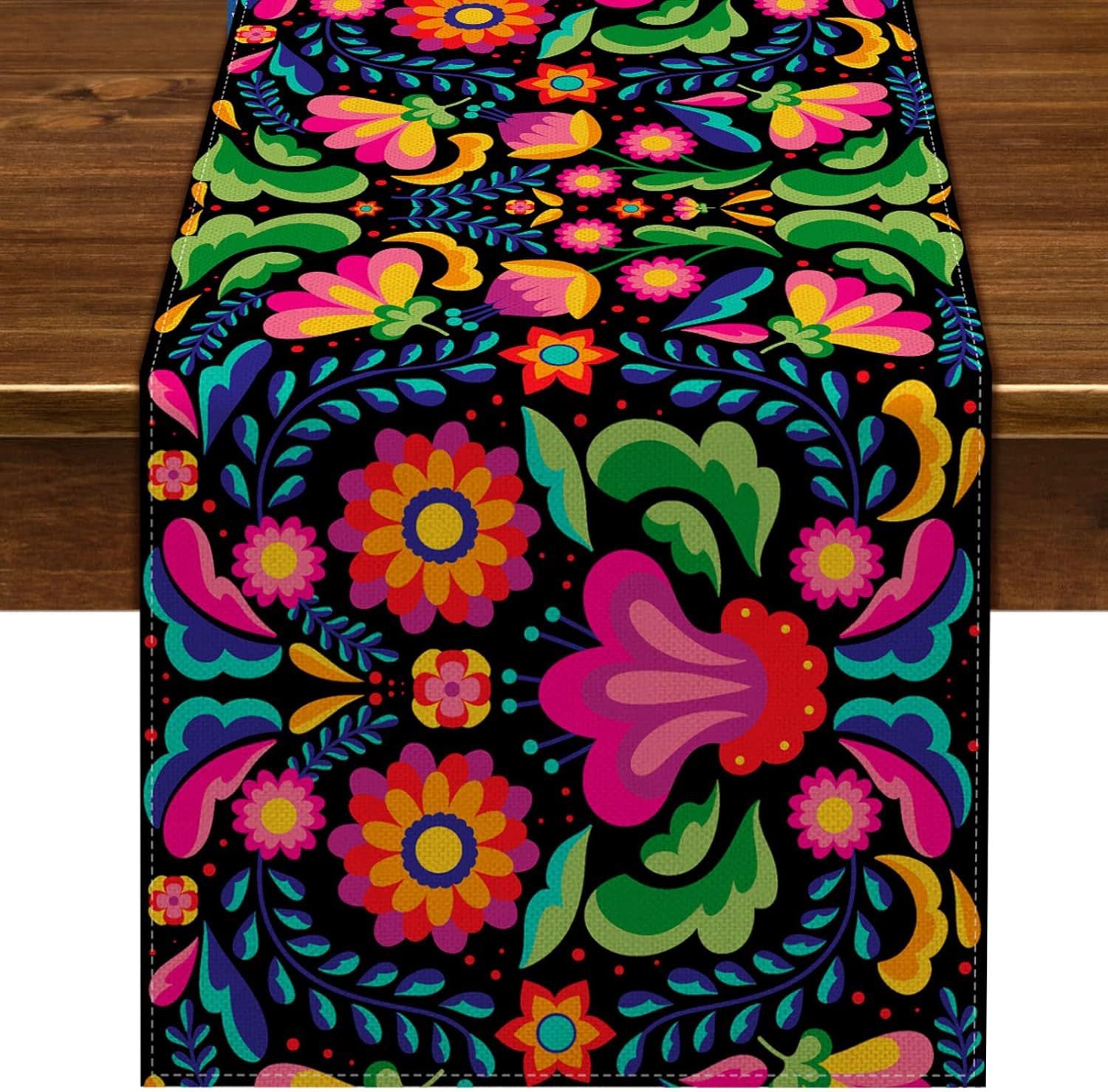 Day Of The Dead Flowers Table Runner In Polyester, Perfect For Festive Decoration
