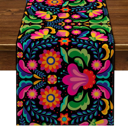 Day Of The Dead Flowers Table Runner In Polyester, Perfect For Festive Decoration