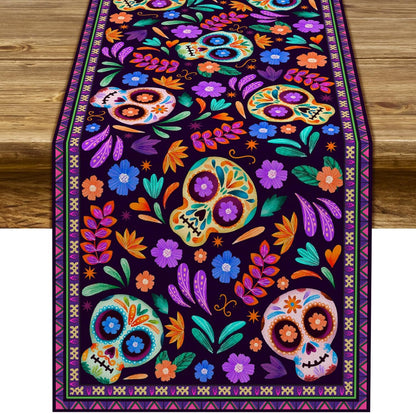 Day Of The Dead Flowers Table Runner In Polyester, Perfect For Festive Decoration