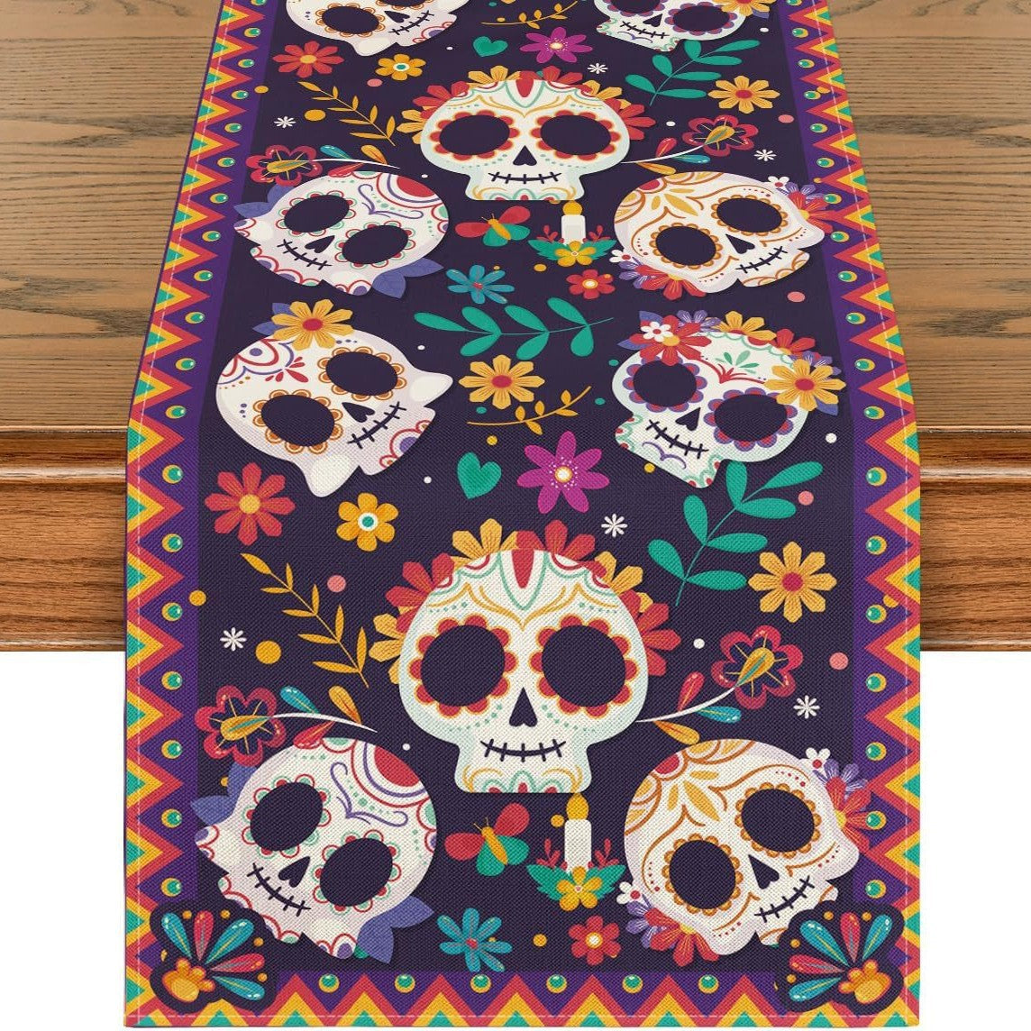 Day Of The Dead Flowers Table Runner In Polyester, Perfect For Festive Decoration