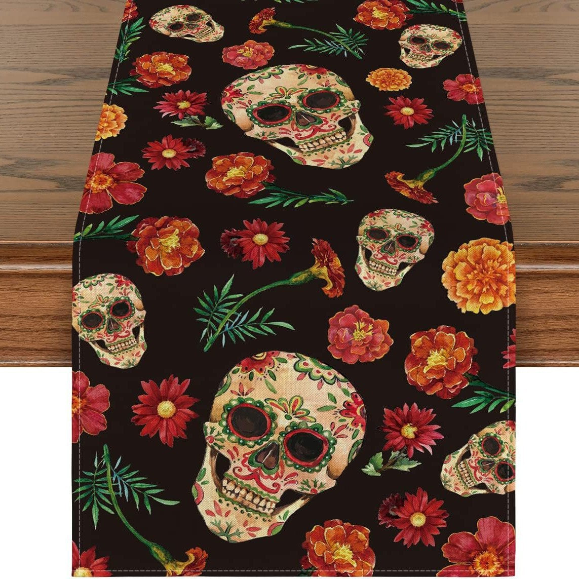 Day Of The Dead Flowers Table Runner In Polyester, Perfect For Festive Decoration