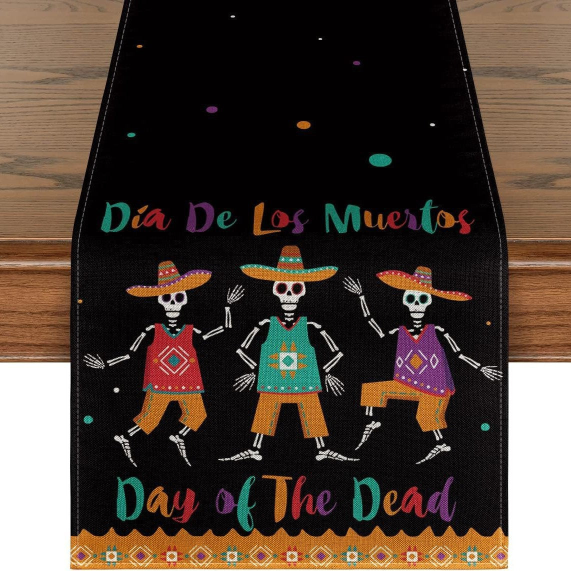 Day Of The Dead Flowers Table Runner In Polyester, Perfect For Festive Decoration