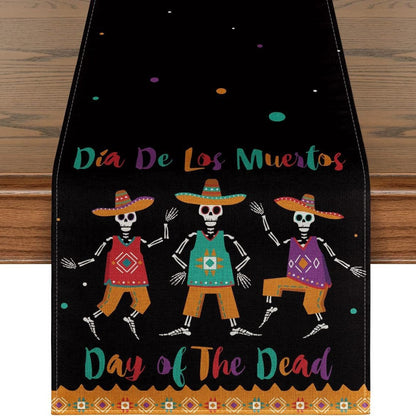 Day Of The Dead Flowers Table Runner In Polyester, Perfect For Festive Decoration