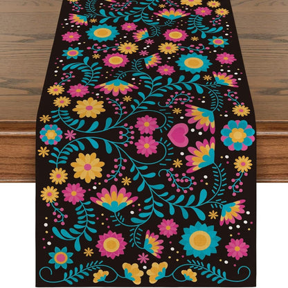Day Of The Dead Flowers Table Runner In Polyester, Perfect For Festive Decoration