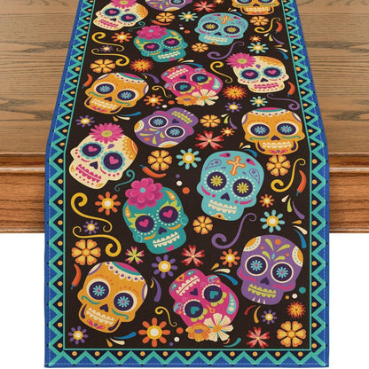 Day Of The Dead Flowers Table Runner In Polyester, Perfect For Festive Decoration