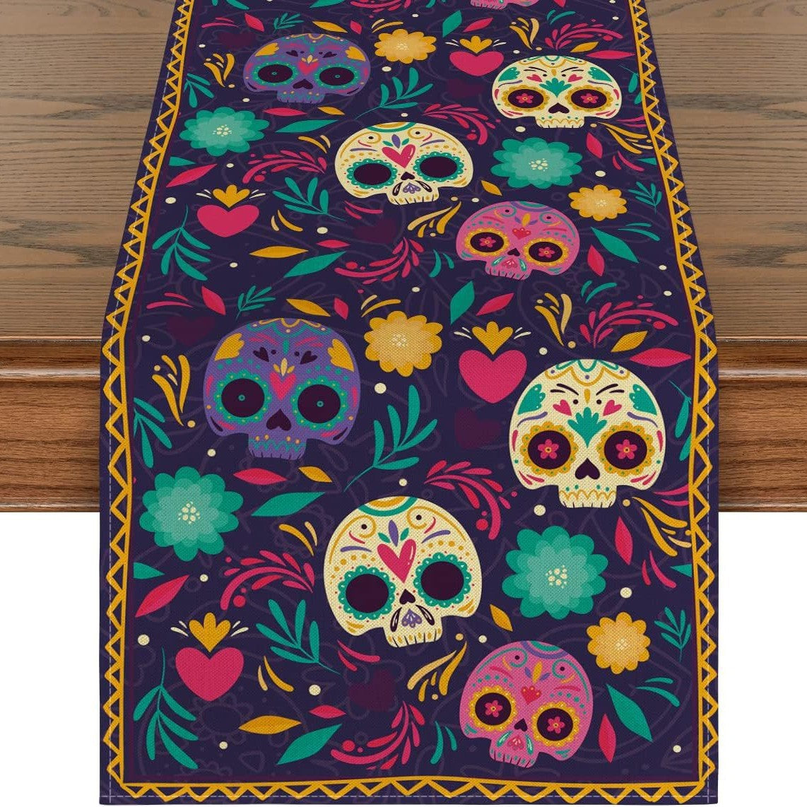 Day Of The Dead Flowers Table Runner In Polyester, Perfect For Festive Decoration