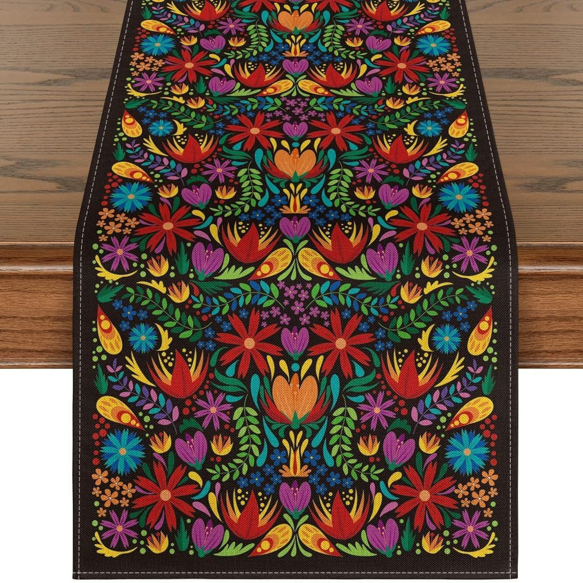 Day Of The Dead Flowers Table Runner In Polyester, Perfect For Festive Decoration