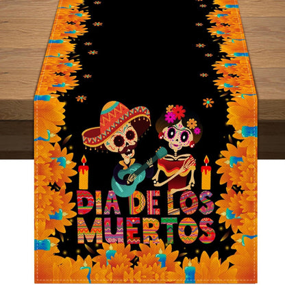 Day Of The Dead Flowers Table Runner In Polyester, Perfect For Festive Decoration
