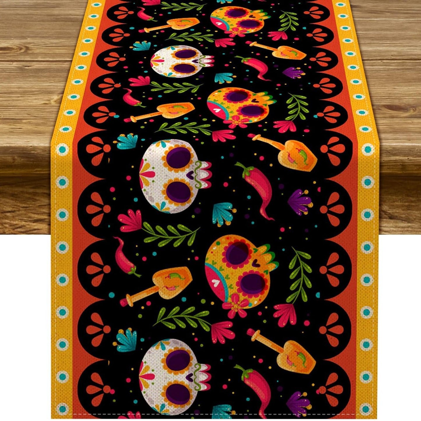 Day Of The Dead Flowers Table Runner In Polyester, Perfect For Festive Decoration