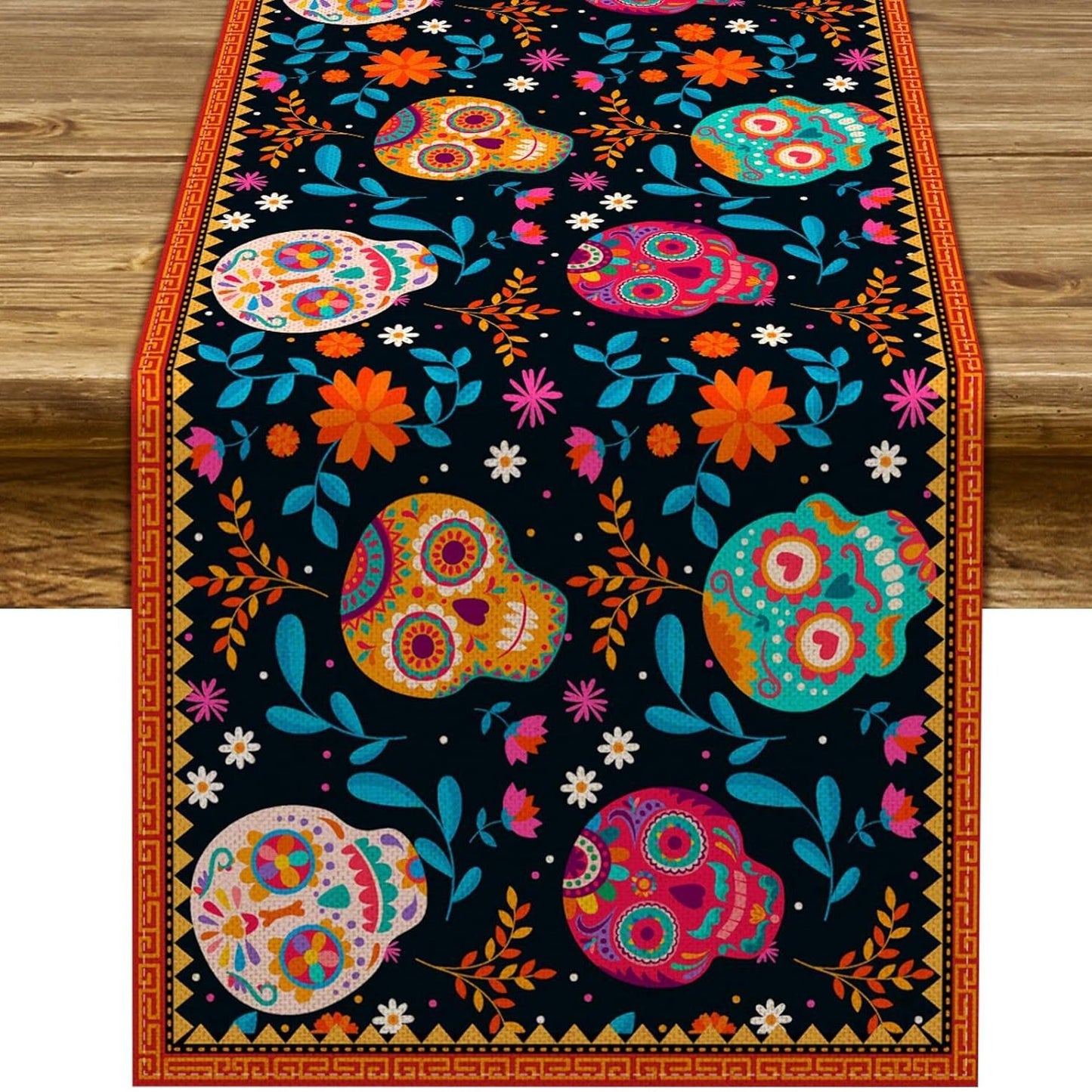 Day Of The Dead Flowers Table Runner In Polyester, Perfect For Festive Decoration
