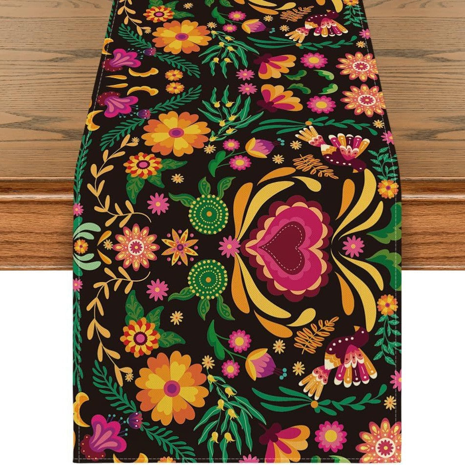 Day Of The Dead Flowers Table Runner In Polyester, Perfect For Festive Decoration