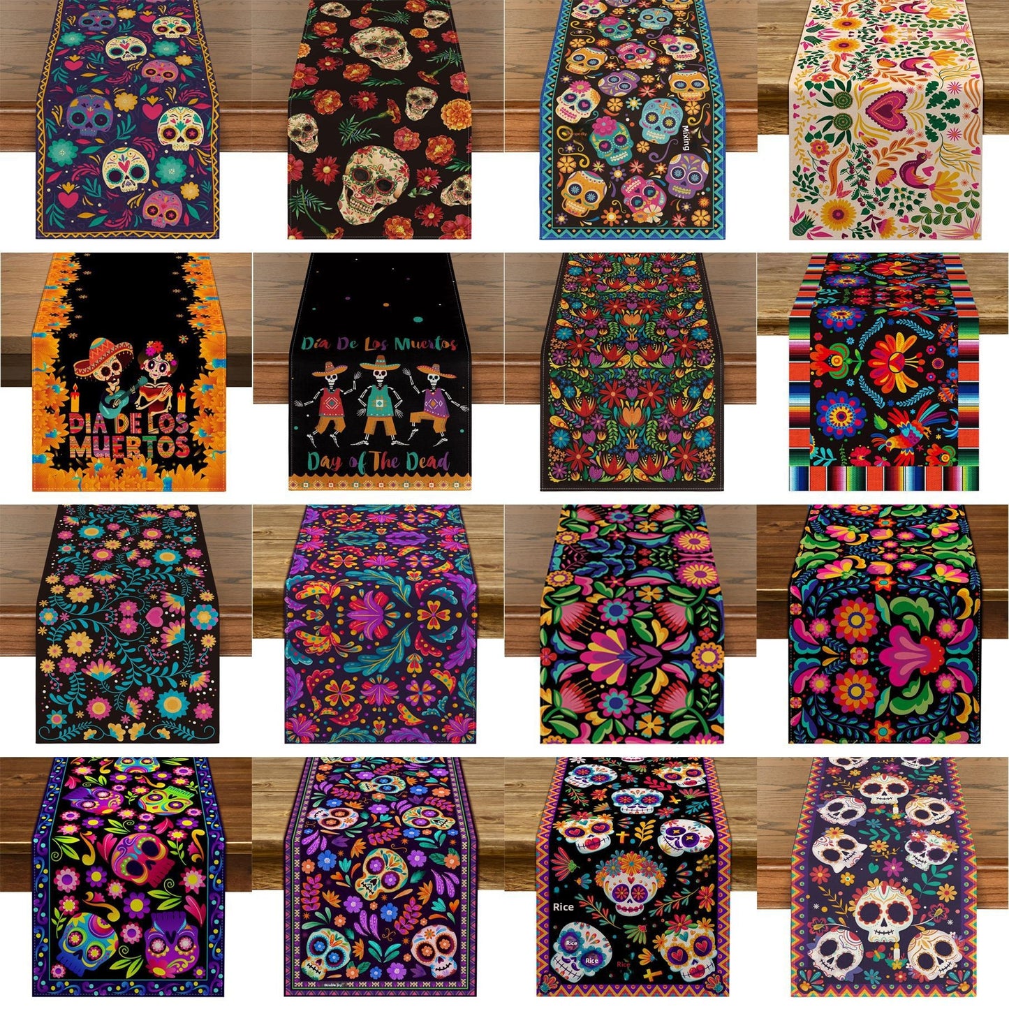 Day Of The Dead Flowers Table Runner In Polyester, Perfect For Festive Decoration