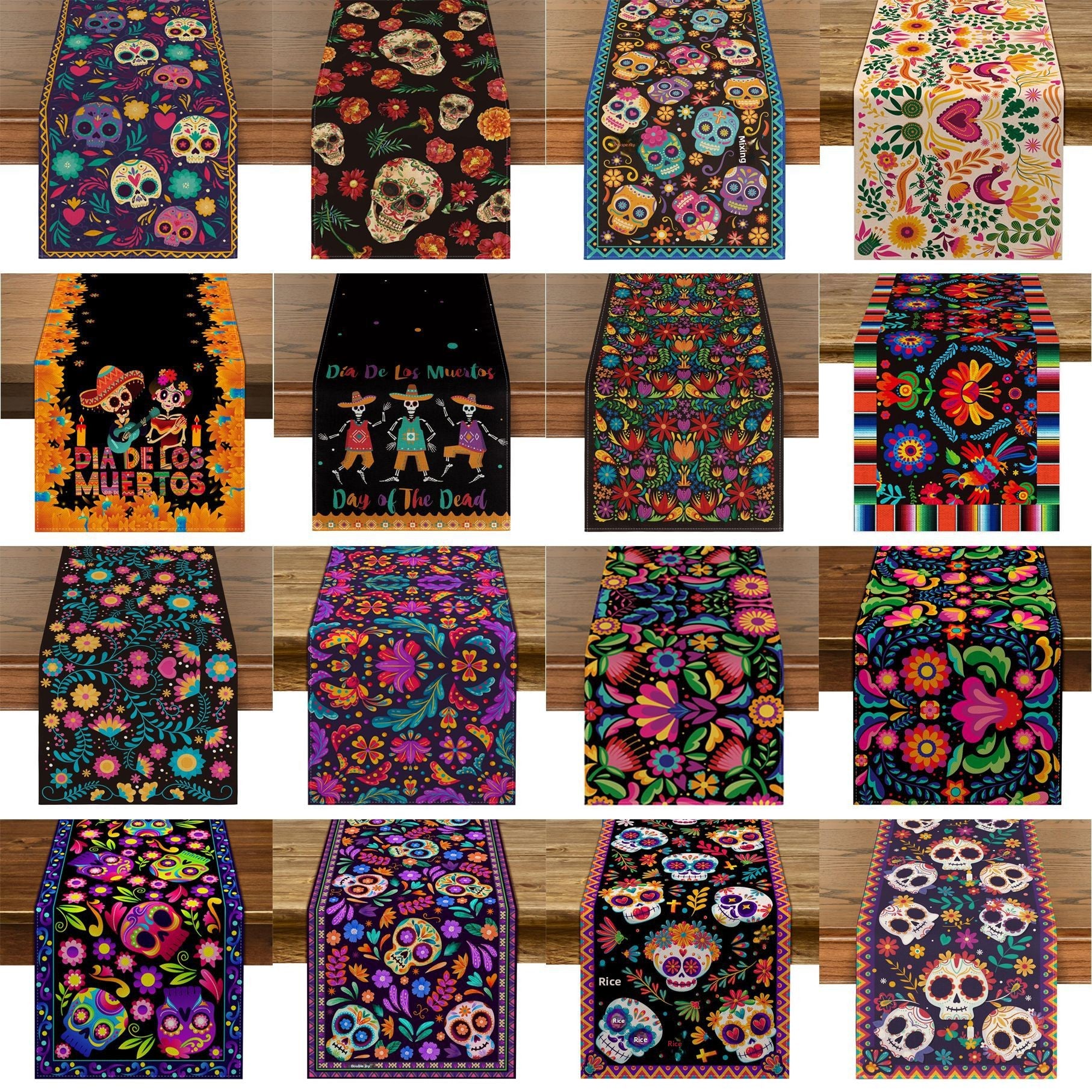 Day Of The Dead Flowers Table Runner In Polyester, Perfect For Festive Decoration