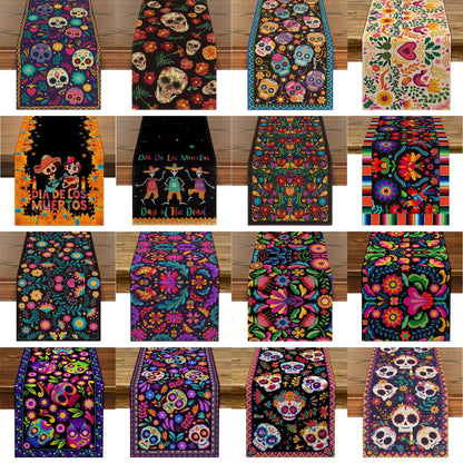 Day Of The Dead Flowers Table Runner In Polyester, Perfect For Festive Decoration