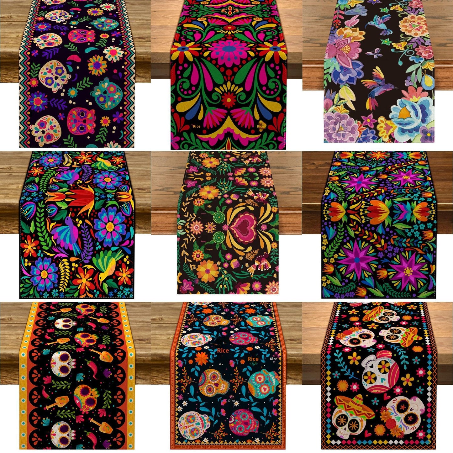 Day Of The Dead Flowers Table Runner In Polyester, Perfect For Festive Decoration