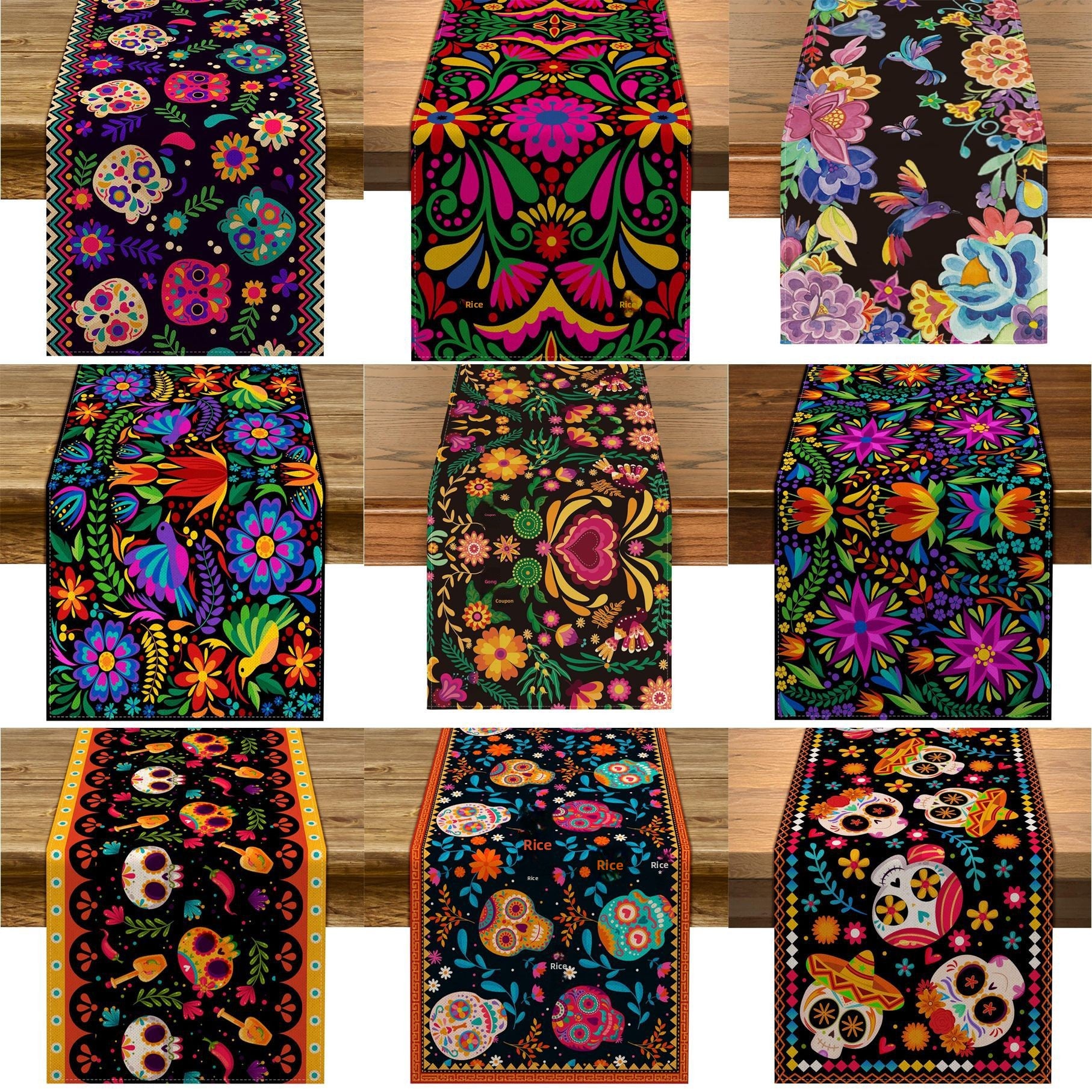 Day Of The Dead Flowers Table Runner In Polyester, Perfect For Festive Decoration
