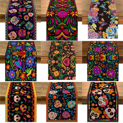 Day Of The Dead Flowers Table Runner In Polyester, Perfect For Festive Decoration