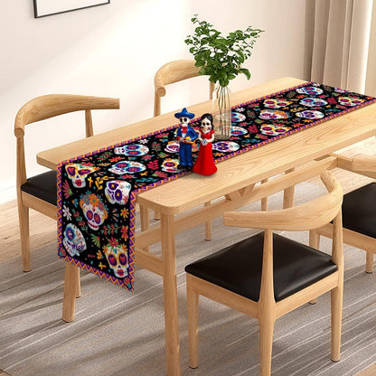 Day Of The Dead Flowers Table Runner In Polyester, Perfect For Festive Decoration