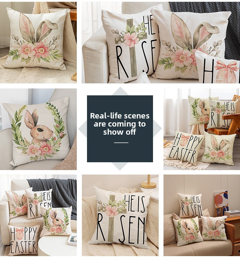 Easter Cartoon Style Rabbit Linen Cushion Pillow, Perfect For Festive Home Decor