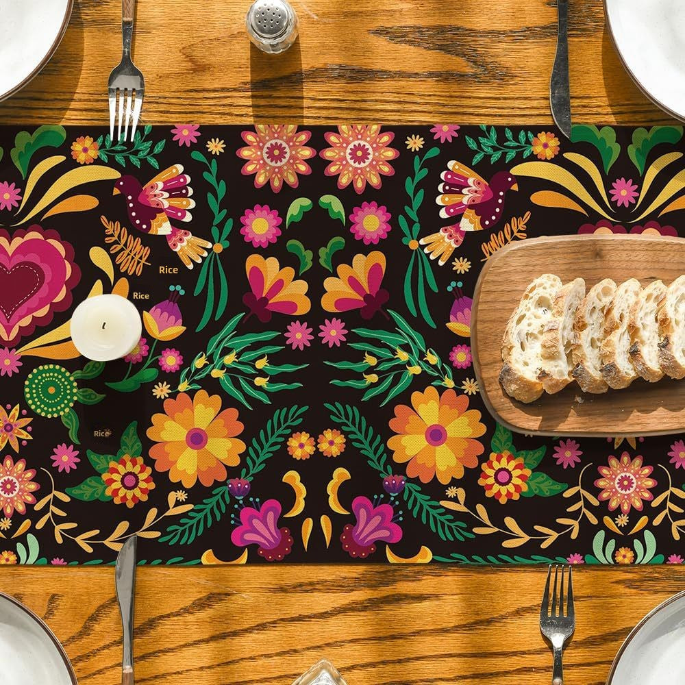 Day Of The Dead Flowers Table Runner In Polyester, Perfect For Festive Decoration
