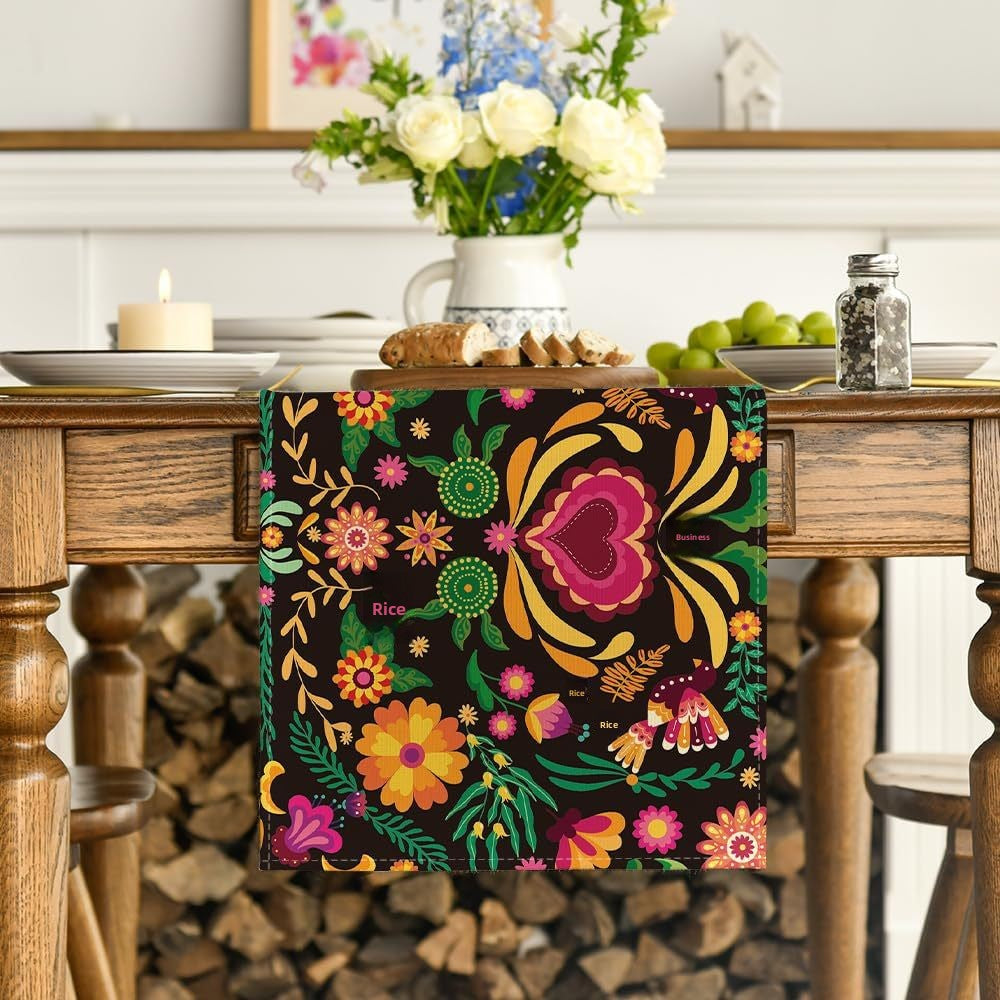 Day Of The Dead Flowers Table Runner In Polyester, Perfect For Festive Decoration