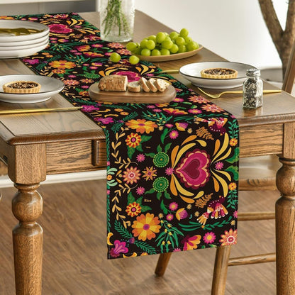 Day Of The Dead Flowers Table Runner In Polyester, Perfect For Festive Decoration