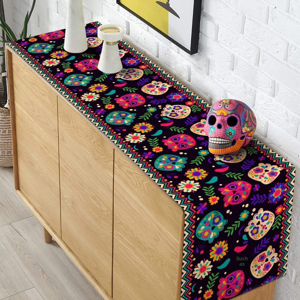 Day Of The Dead Flowers Table Runner In Polyester, Perfect For Festive Decoration