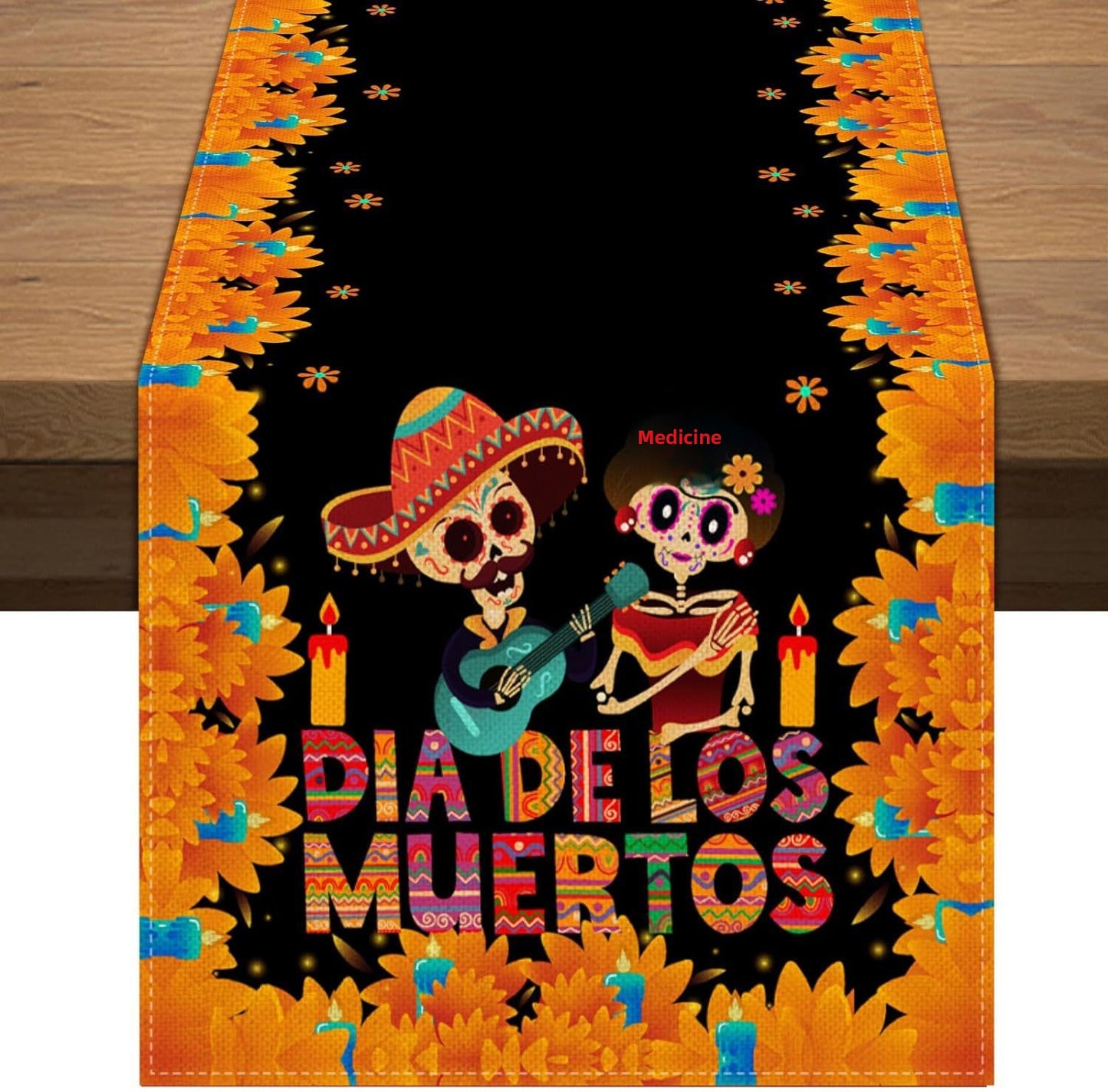 Day Of The Dead Flowers Table Runner In Polyester, Perfect For Festive Decoration