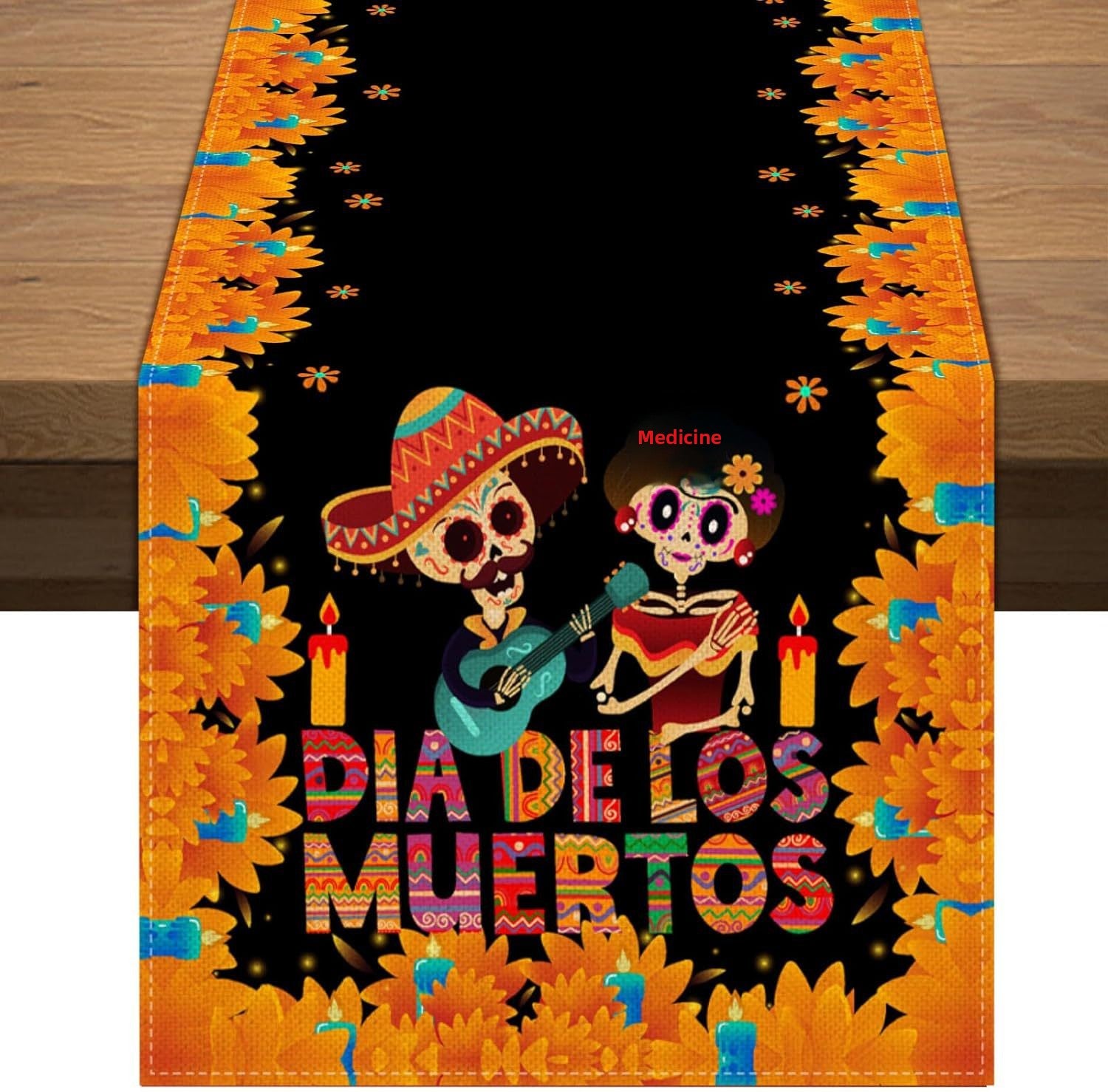 Day Of The Dead Flowers Table Runner In Polyester, Perfect For Festive Decoration