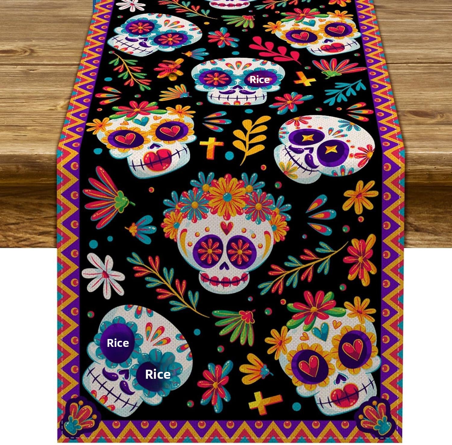 Day Of The Dead Flowers Table Runner In Polyester, Perfect For Festive Decoration