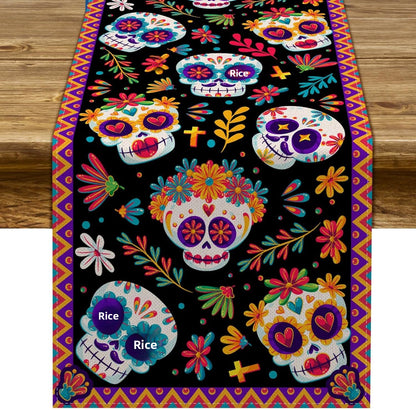 Day Of The Dead Flowers Table Runner In Polyester, Perfect For Festive Decoration